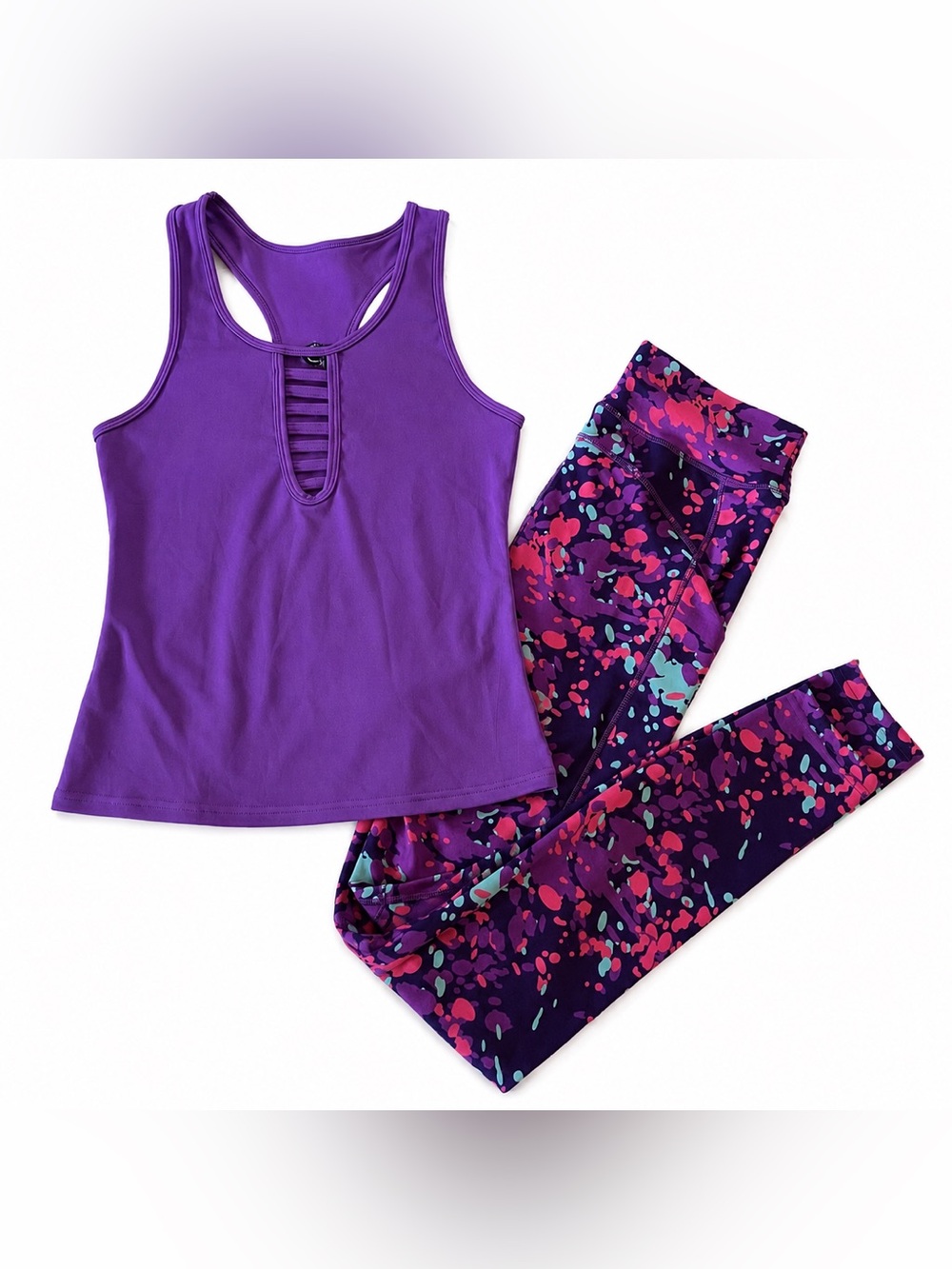 POP Fit | Women’s 2-Piece Workout Set Purple Racerback Tank & Printed Leggings 💜